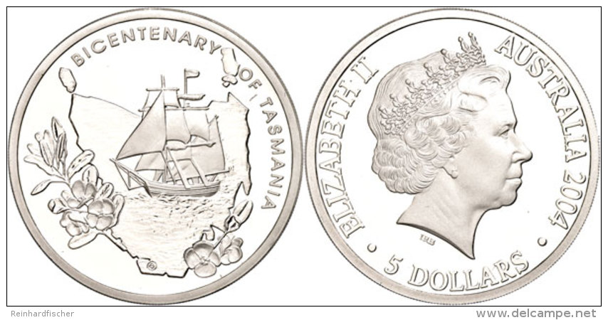 5 Dollars, 2004, 200. Jahrestag Der Besiedelung Von Tasmanien, KM 811, Sch&ouml;n 787, Im Holzetui Mit OVP Und... - Other & Unclassified