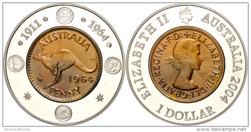 1 Dollar, 2004, Australische M&uuml;nzgeschichte - Penny Von 1964, KM 725, Sch&ouml;n 794, Im Etui Mit OVP Und... - Other & Unclassified