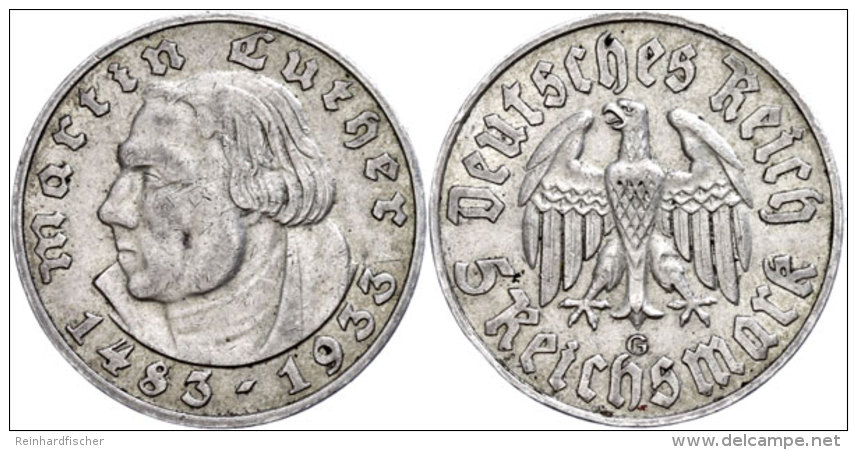 5 Reichsmark, 1933, Martin Luther, Pr&auml;gung G, Ss, Katalog: J. 353 Ss5 Reichmark, 1933, Martin Luther,... - Sonstige & Ohne Zuordnung