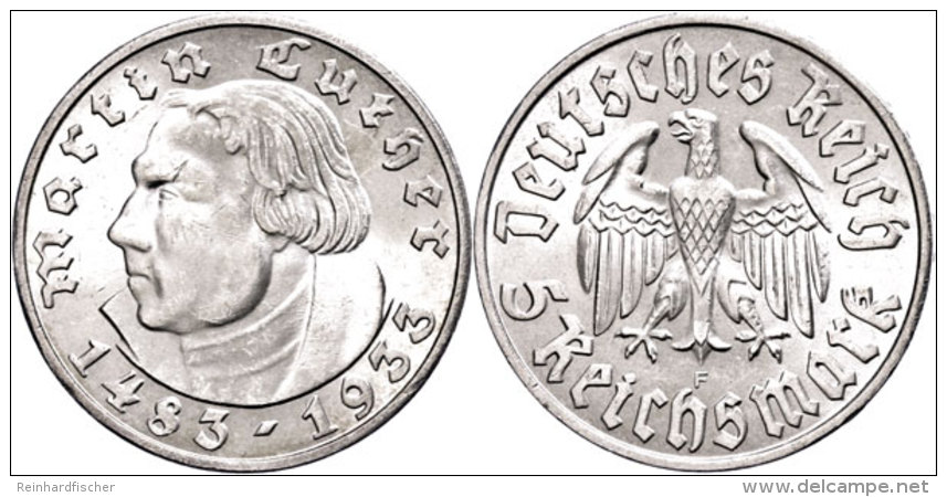 5 Reichsmark, 1933 F, Martin Luther, Min. Randfehler, Vz., Katalog: J. 353 Vz5 Reichmark, 1933 F, Martin... - Other & Unclassified
