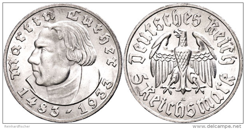 5 Reichsmark, 1933 A, Martin Luther, Vz., Katalog: J. 353 Vz5 Reichmark, 1933 A, Martin Luther, Extremley Fine,... - Sonstige & Ohne Zuordnung