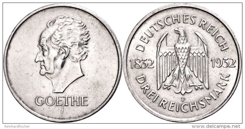 3 Reichsmark, 1930 F, Johann W. Von Goethe, Poliert, Win. Kratzer, Vz., Katalog: J. 350 Vz3 Reichmark, 1930 F,... - Sonstige & Ohne Zuordnung