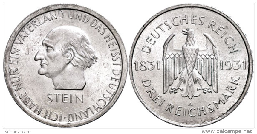 3 Reichsmark, 1931, Freiherr Von Stein, Vz, Katalog: J. 348 Vz3 Reichmark, 1931, Baron From Stone, Extremly... - Sonstige & Ohne Zuordnung