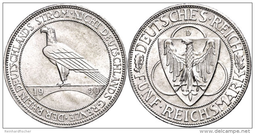 5 Reichsmark, 1930 D, Rheinland - R&auml;umung, Min. Randfehler, Vz., Katalog: J. 346 Vz5 Reichmark, 1930 D,... - Sonstige & Ohne Zuordnung