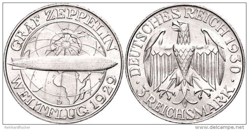 3 Reichsmark, 1930 D, Graf Zeppelin, Kratzer, Win. Randfehler, Vz., Katalog: J. 342 Vz3 Reichmark, 1930 D,... - Sonstige & Ohne Zuordnung