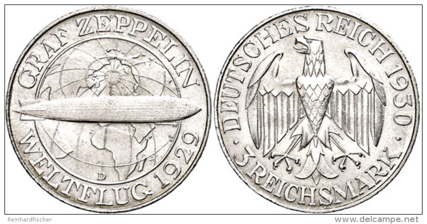 3 Reichsmark, 1930 D, Graf Zeppelin, Kratzer, Randfehler, Vz., Katalog: J. 342 Vz3 Reichmark, 1930 D, Count... - Sonstige & Ohne Zuordnung