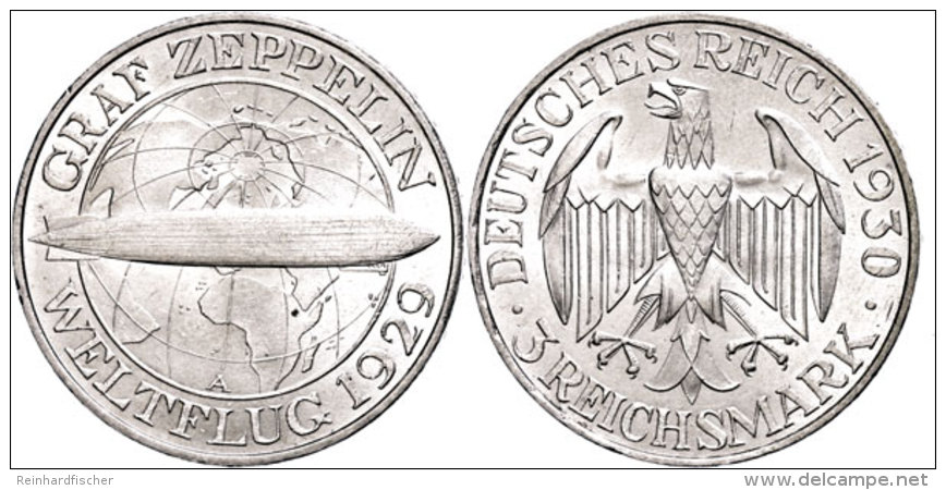 3 Reichsmark, 1930 A, Graf Zeppelin, Kratzer, Kl. Randfehler, Vz+., Katalog: J. 342 Vz3 Reichmark, 1930 A,... - Other & Unclassified