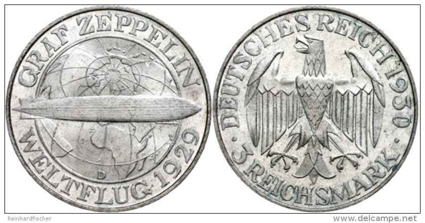 3 Reichsmark 1929, Zeppelin, Vz+, Katalog: J. 342 Vz3 Reichmark 1929, Zeppelin, Extremly Fine, Catalogue: J.... - Other & Unclassified