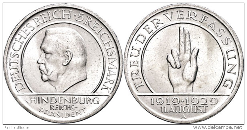 5 Reichsmark, 1929 A, Schwurhand, Kratzer, Vz., Katalog: J. 341 Vz5 Reichmark, 1929 A, Oath Hand, Scratch,... - Sonstige & Ohne Zuordnung