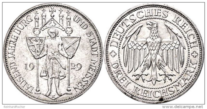3 Reichsmark, 1929 E, 1000 Jahre Burg Und Stadt Mei&szlig;en, Etwas Berieben, Patina, Vz., Katalog: J. 338 Vz3... - Other & Unclassified