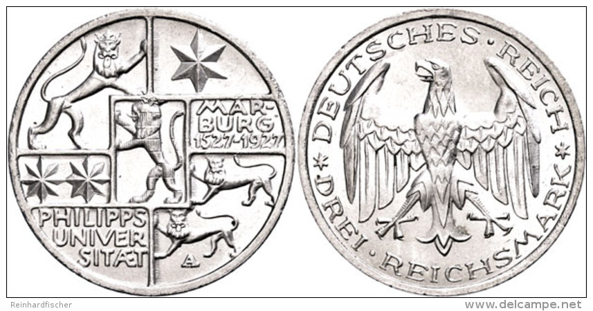 3 Reichsmark, 1927, 400 Jahre Philipps - Universit&auml;t Marburg, Kl. Randfehler, Vz., Katalog: J. 330 Vz3... - Sonstige & Ohne Zuordnung