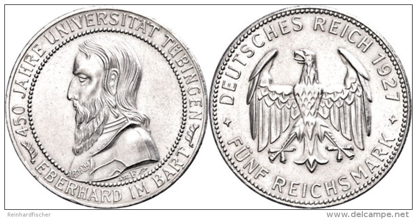 5 Reichsmark, 1927 F, 450 Jahre Universit&auml;t T&uuml;bingen, Winzige Kratzer, Vz., Katalog: J. 329 Vz5... - Sonstige & Ohne Zuordnung