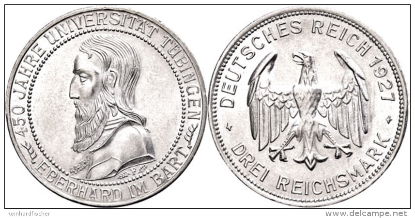 3 Reichsmark, 1927 F, 450 Jahre Universit&auml;t T&uuml;bingen, Winzige Kratzer, Vz., Katalog: J. 328 Vz3... - Other & Unclassified