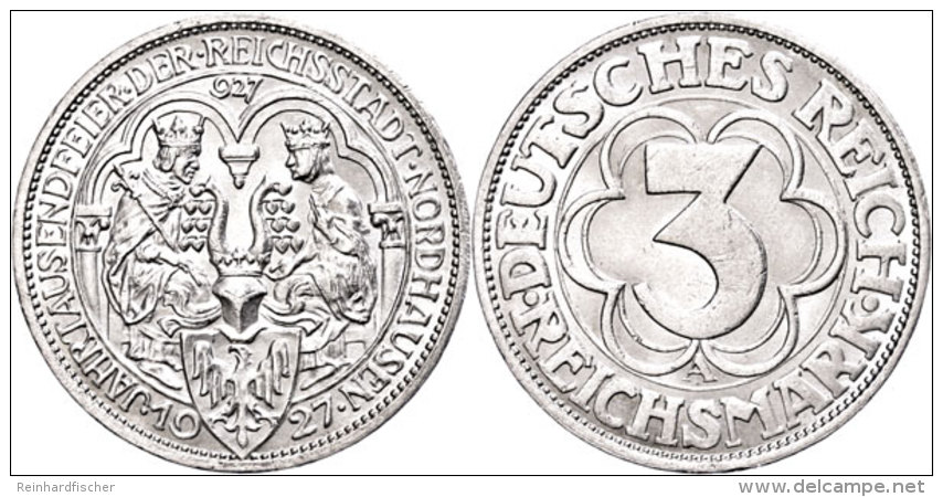 3 Reichsmark, 1927 A, 1000 Jahre Nordhausen, Winzige Kratzer, Randfehler, Vz., Katalog: J. 327 Vz3 Reichmark,... - Sonstige & Ohne Zuordnung