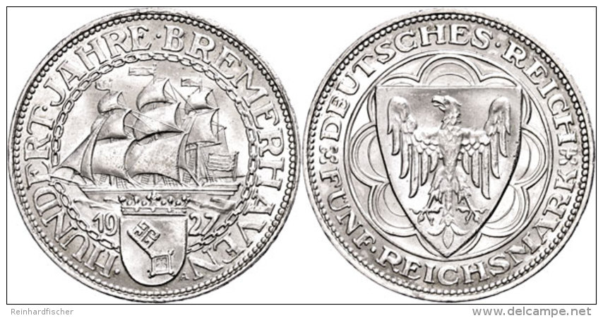 5 Reichsmark, 1927 A, 100 Jahre Bremerhaven, Kratzer, Vz., Katalog: J. 326 Vz5 Reichmark, 1927 A, A Hundred... - Sonstige & Ohne Zuordnung