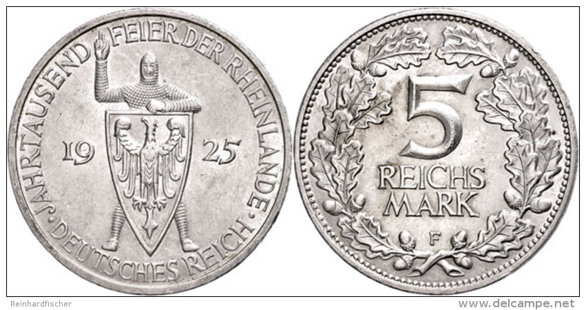 5 Reichsmark, 1925 F, Jahrtausendfeier Der Rheinlande, Patina, Kl. Randfehler, Vz., Katalog: J. 322 Vz5... - Sonstige & Ohne Zuordnung