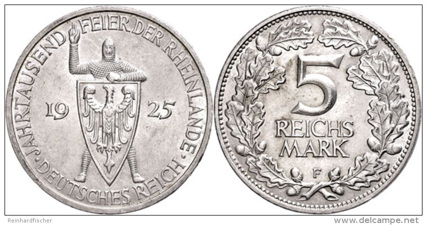 5 Reichsmark, 1925 F, Jahrtausendfeier Der Rheinlande, Patina, Kl. Randfehler, Vz., Katalog: J. 322 Vz5... - Other & Unclassified