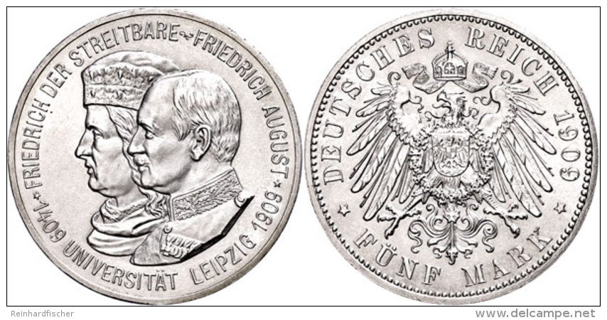 5 Mark, 1909, Friedrich August III., Universit&auml;t Leipzig, Kl. Kratzer, Win. Randfehler, Vz-st., Katalog: J.... - Other & Unclassified