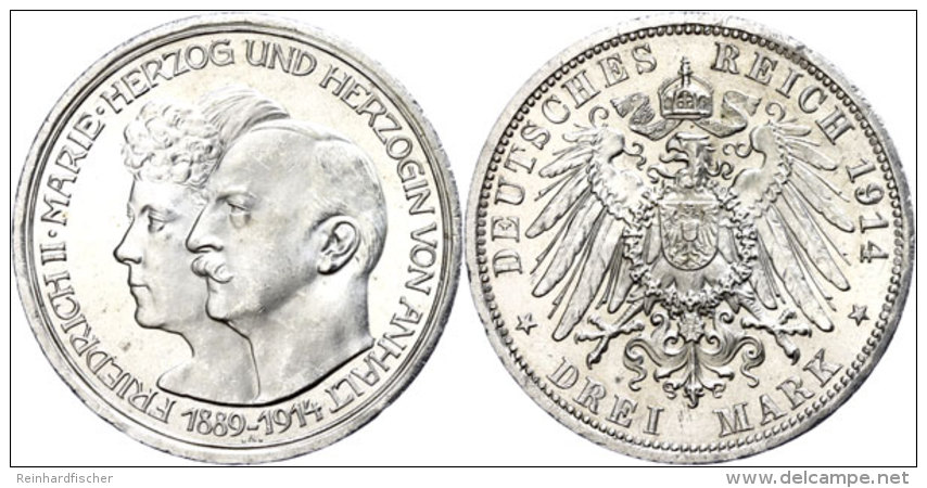 3 Mark, 1914, Friedrich II., Zur Silbernen Hochzeit Mir Marie, Kl. Kratzer, Kl. Randfehler, Vz-st., Katalog: J. 24... - Other & Unclassified