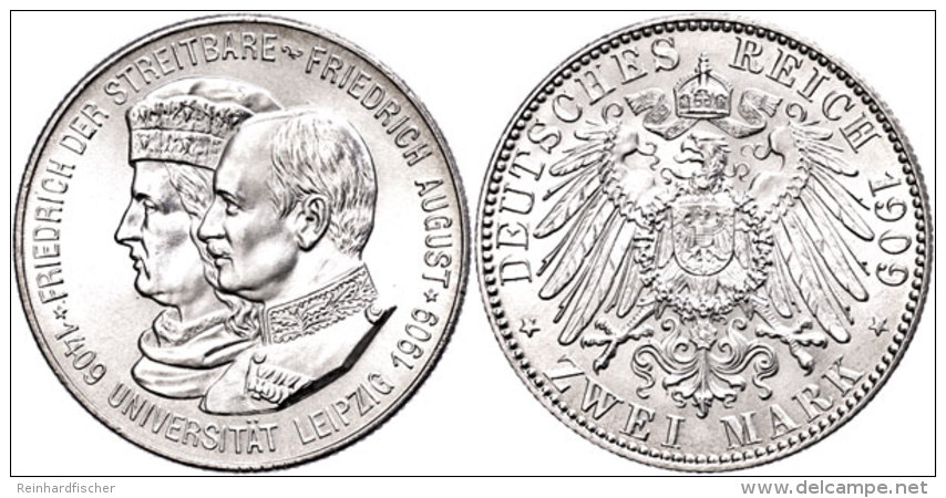 2 Mark, 1909, Friedrich August III., Universit&auml;t Leipzig, St., Katalog: J. 138 St2 Mark, 1909, Friedrich... - Sonstige & Ohne Zuordnung