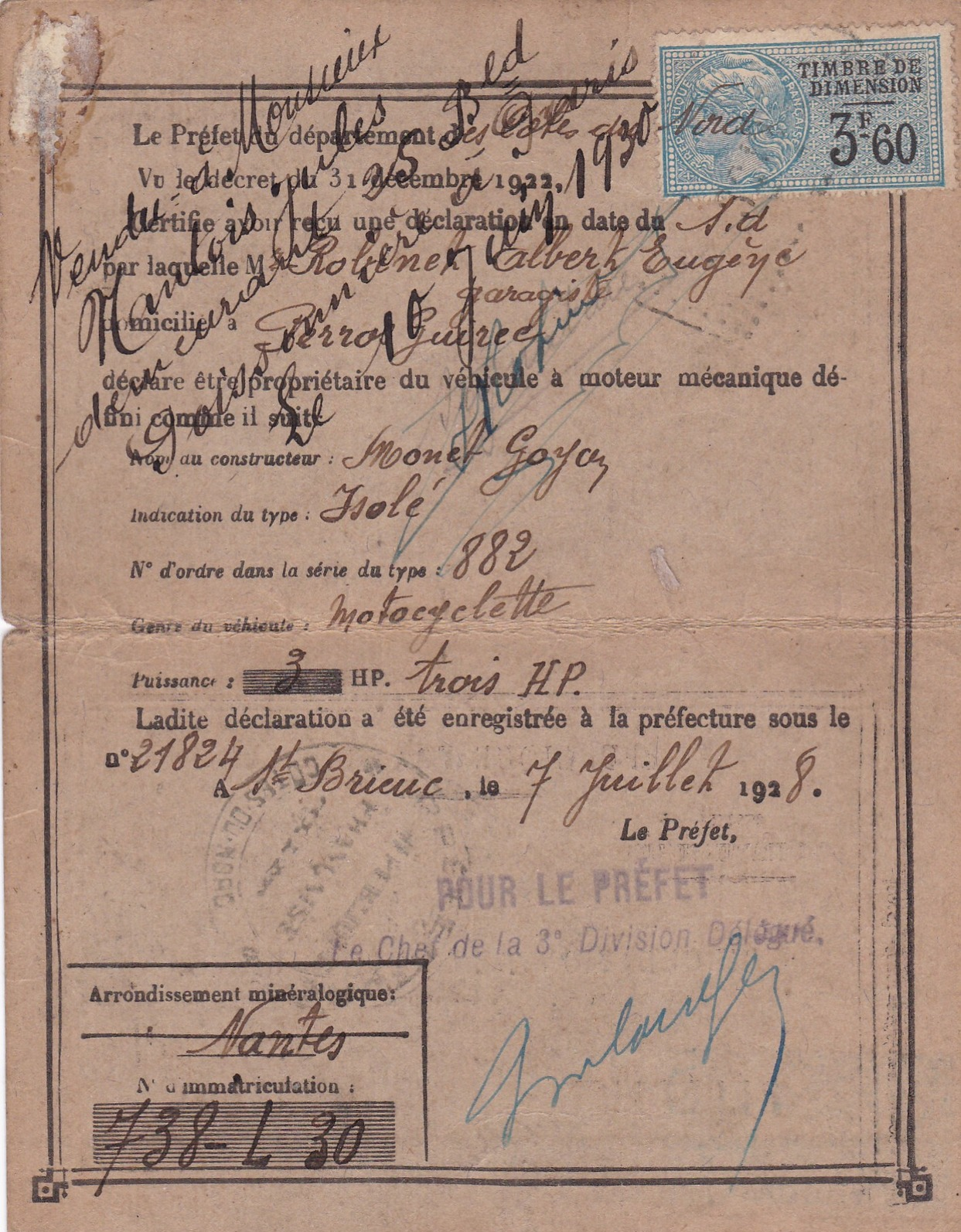 CIRCULATION  DES  AUTOMOBILES  :  RECEPISSE  DE  DECLARATION  .  1928  .  (  2 SCANS R° V° ) . - Voitures