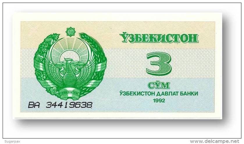 UZBEKISTAN - 3 SUM - 1992 ( 1993 ) - Pick 62 - UNC. - Serie BA - 2 Scans - Uzbekistan