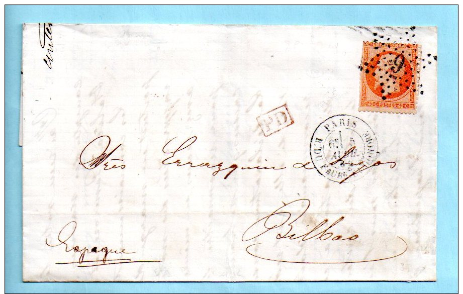 N° 23 : Etoile 9 P1 De Paris + Cachet 1530 R. DU FAUBg-St-HONORE Du 04/04/1864. (39749) - 1849-1876: Période Classique