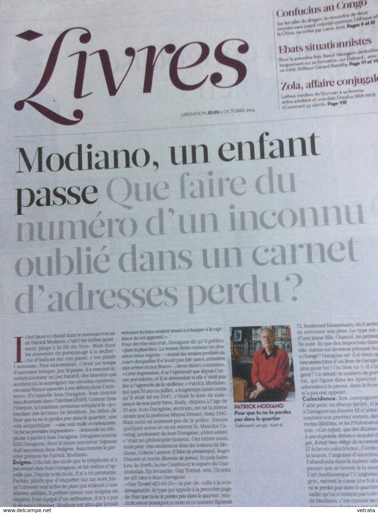 Libération Supplément Livres 8 Pages Du 02/10/14 : Modiano / Vaneigem Raoul / L. Joris / Zola, Lettres à Sa Femme - Kranten Voor 1800