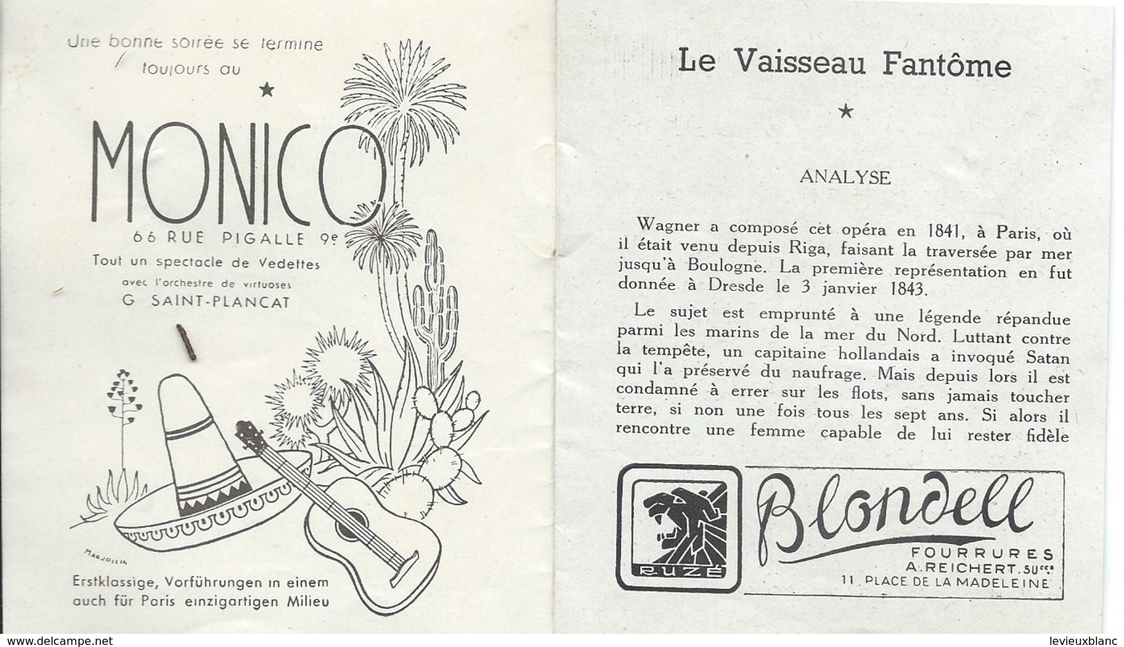 Mini-Programme/Théâtre National De L'Opéra/Le Vaisseau Fantôme/Wagner / En Français Et En Allemand/1944         PROG100 - Programma's