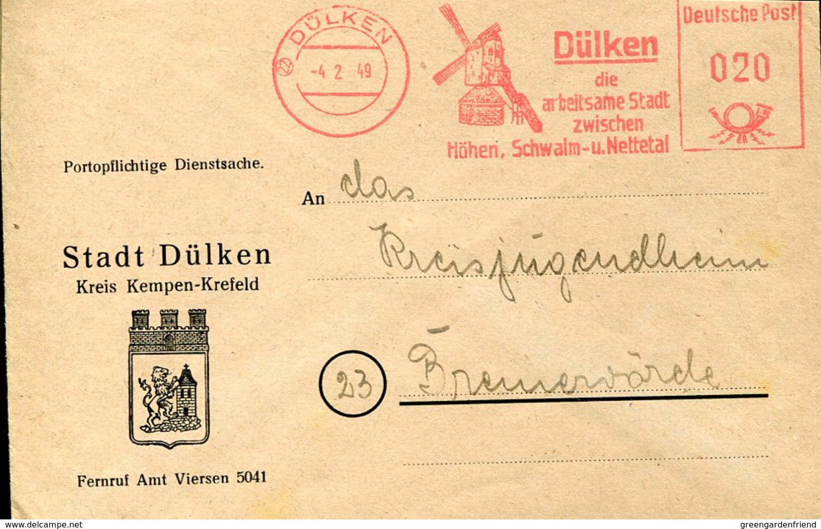 18885 Germany,red Meter/freistempel/ema/1949 Dulken, Showing Windmill, Moulin A Vent,windmuhle - Moulins