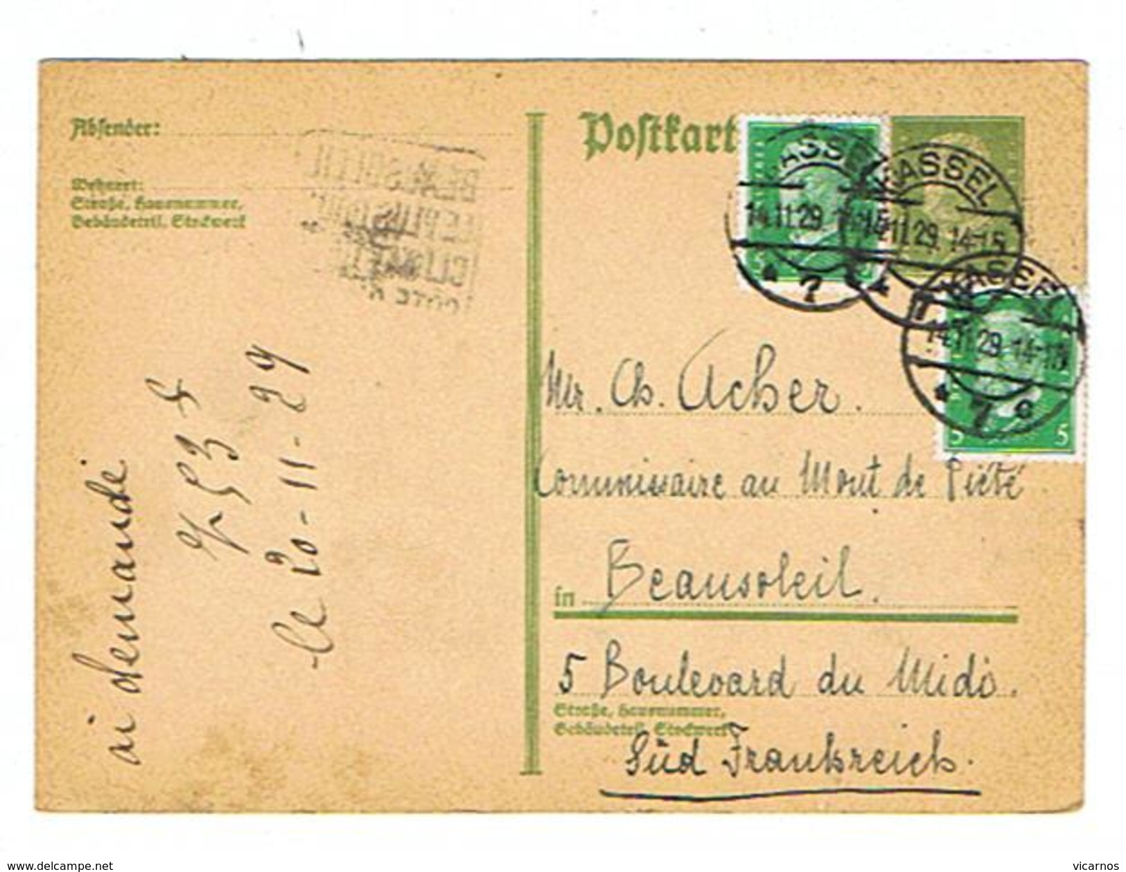 ENTIER POSTAL ALLEMAGNE 14 / 11 / 1929 De Kassel  à Beausoleil - Altri & Non Classificati