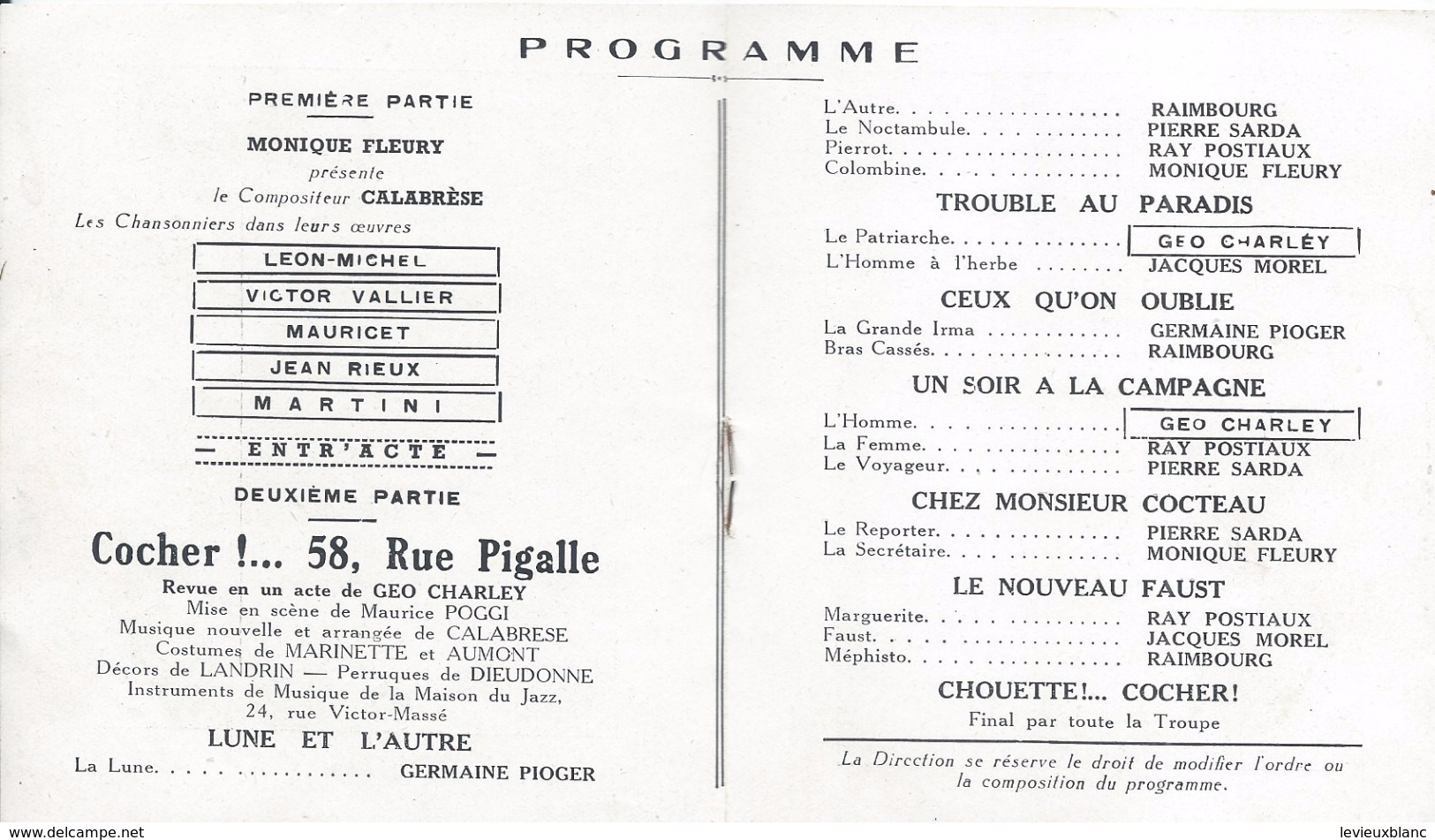 Mini-Programme/Tréteau De La Lune Rousse/Martini/Rieux/Mauricet/Cocher! 58 Rue Pigalle.../Charley/Vers 1950     PROG107 - Programmes