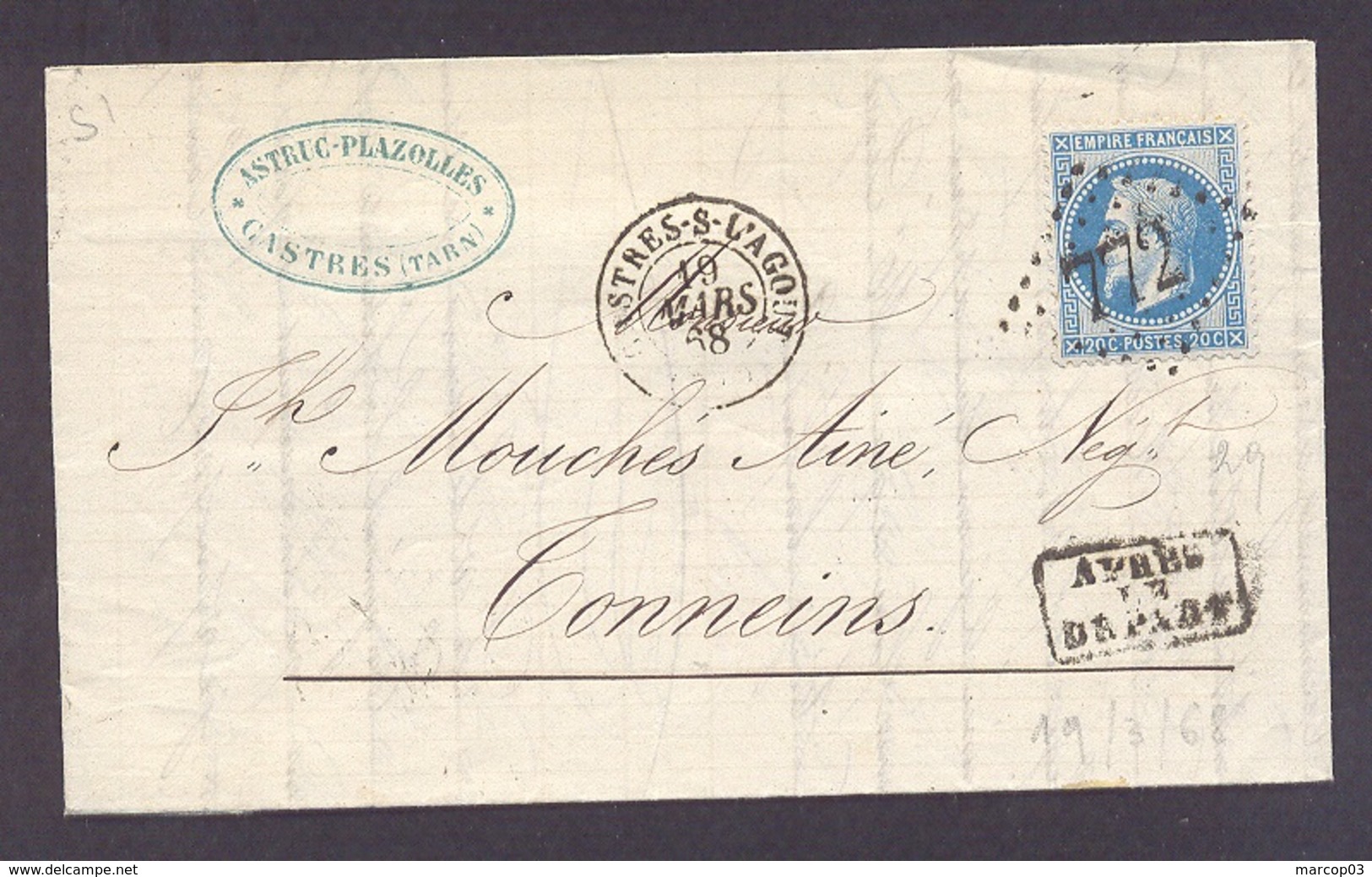 TARN  81 CASTRES SUR L'AGOUT LAC TAD Type 15 Du 19/03/1868  GC 772 Sur N° 29 Timbre "APRES LE DEPART" TB - 1849-1876: Période Classique