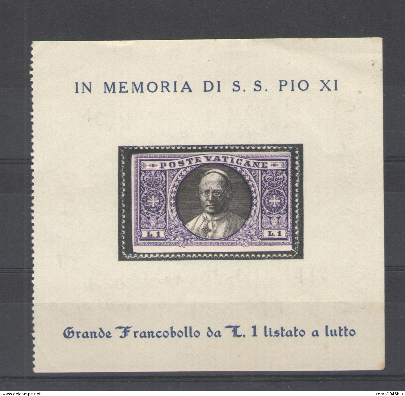 VATICANO 1939 LIRE 1 MEDAGLIONI LISTATO A LUTTO SU FRAMMENTO - Ongebruikt