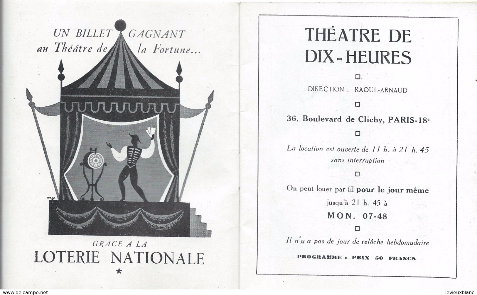 Programme/Théatre De Dix Heures/Raoul Arnaud/Fou-Té Nou-La/Maurice Horgues/AM Carriére/B Lavalette/ Vers 1950   PROG110 - Programmes