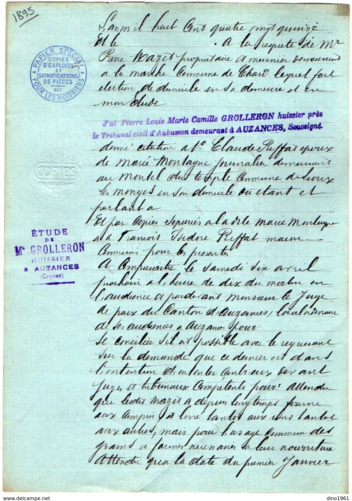 VP9344 - AUZANCES - Acte De 1895 -  Entre Mrs MAZET Meunier & RIFFAT à LIOUX LES MONGES - Manoscritti