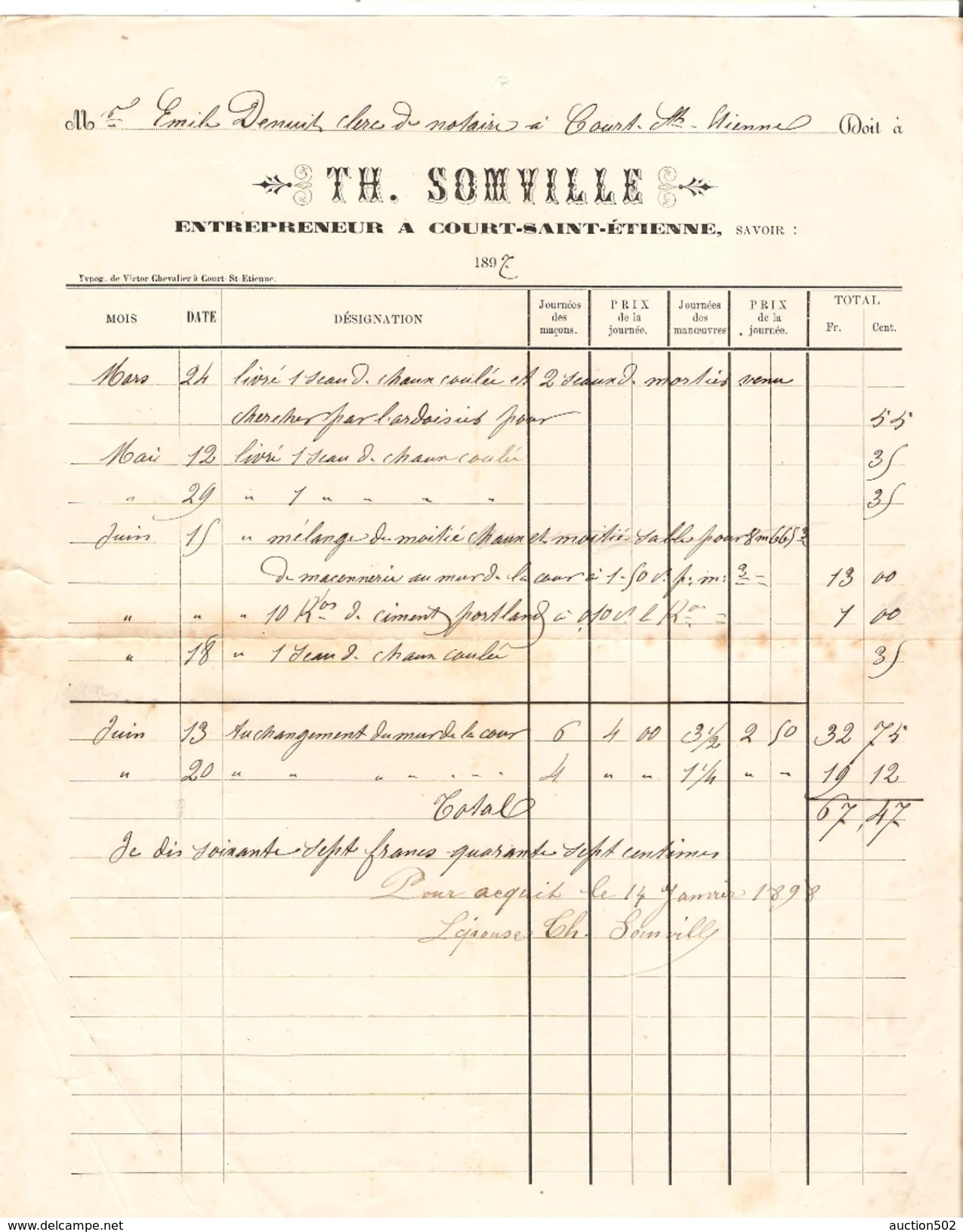 Facture De Th.Somville Datée De 1897 Entrepreneur à Court-St-Etienne Pour Clerc De Notaire à Court  PR4122 - 1800 – 1899