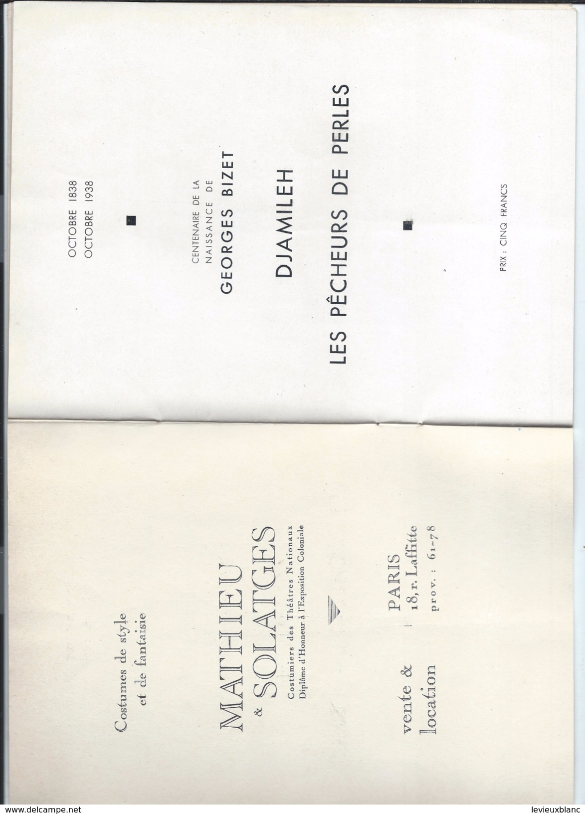 Programme/Théatre National De L'Opéra Comique/ Djamileh/Les Pêcheurs De Perles/ Georges Bizet//1938   PROG113 - Programmes