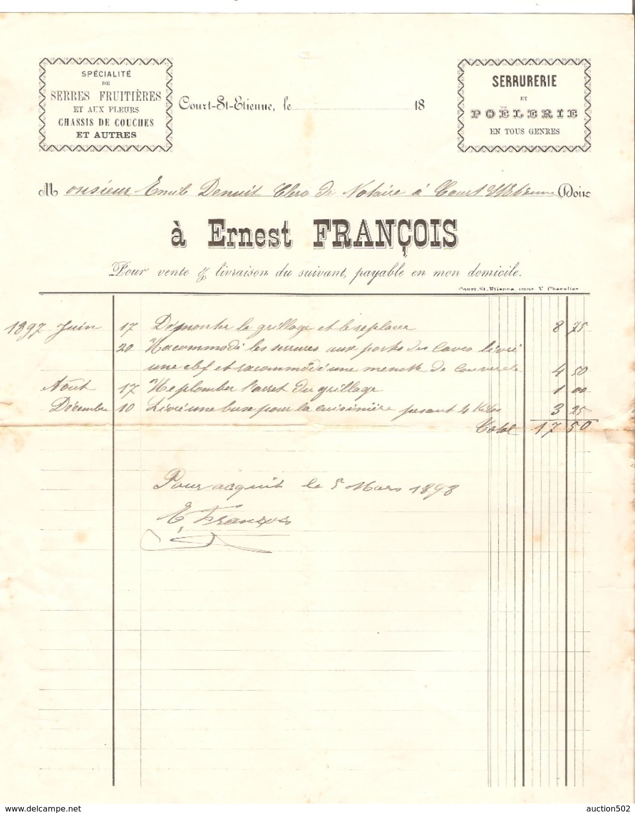 Facture De Ernest François Serres Fruitières Datée Juin 1897 à Court-St-Etienne Pour Clerc De Notaire à Court PR4123 - 1800 – 1899