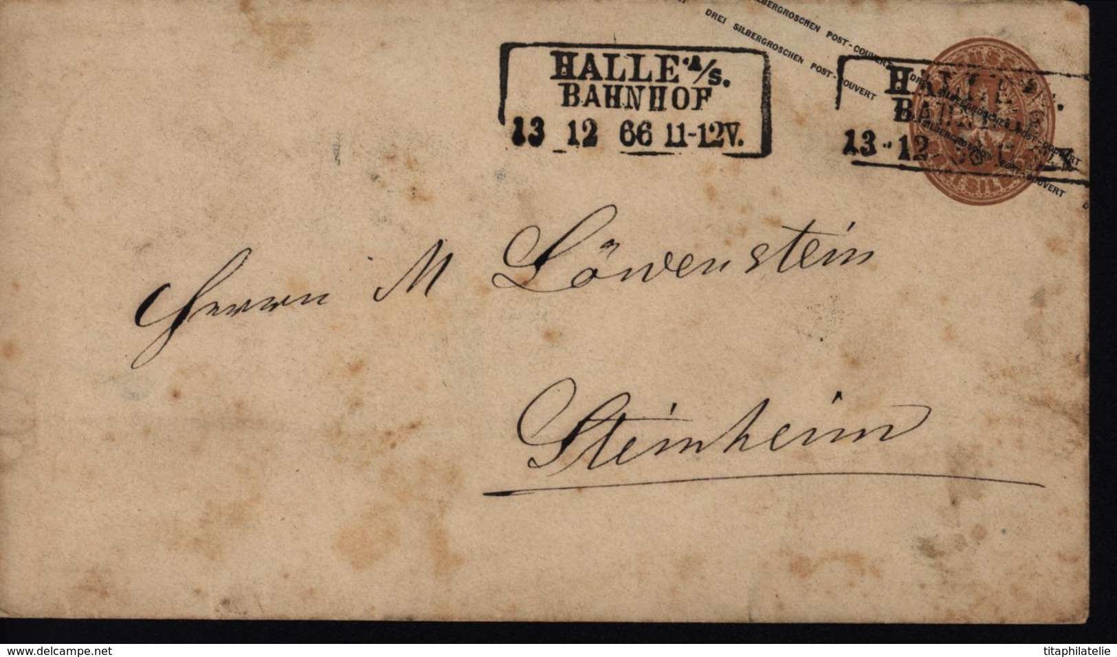 Allemagne Entier Prusse Style YT20  3 SILB CR Bistre Cachet Gare Halle A/S Bahnhof 13.12.66 11.12V Aigle Train - Postal  Stationery