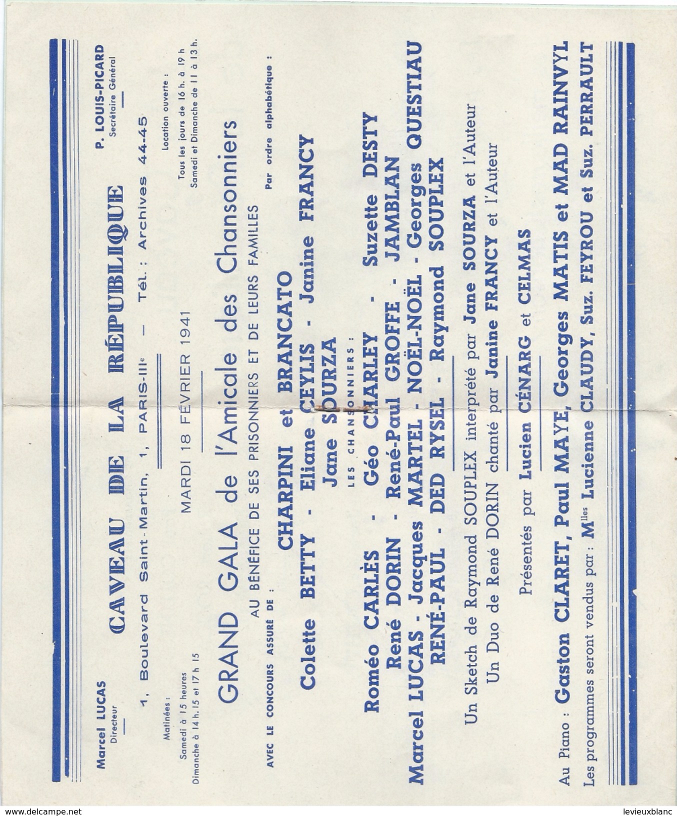 Programme/Caveau De La République/Association Amicale Des Chansonniers De Cabaret/Grand Gala/Prisonniers /1941   PROG114 - Programma's