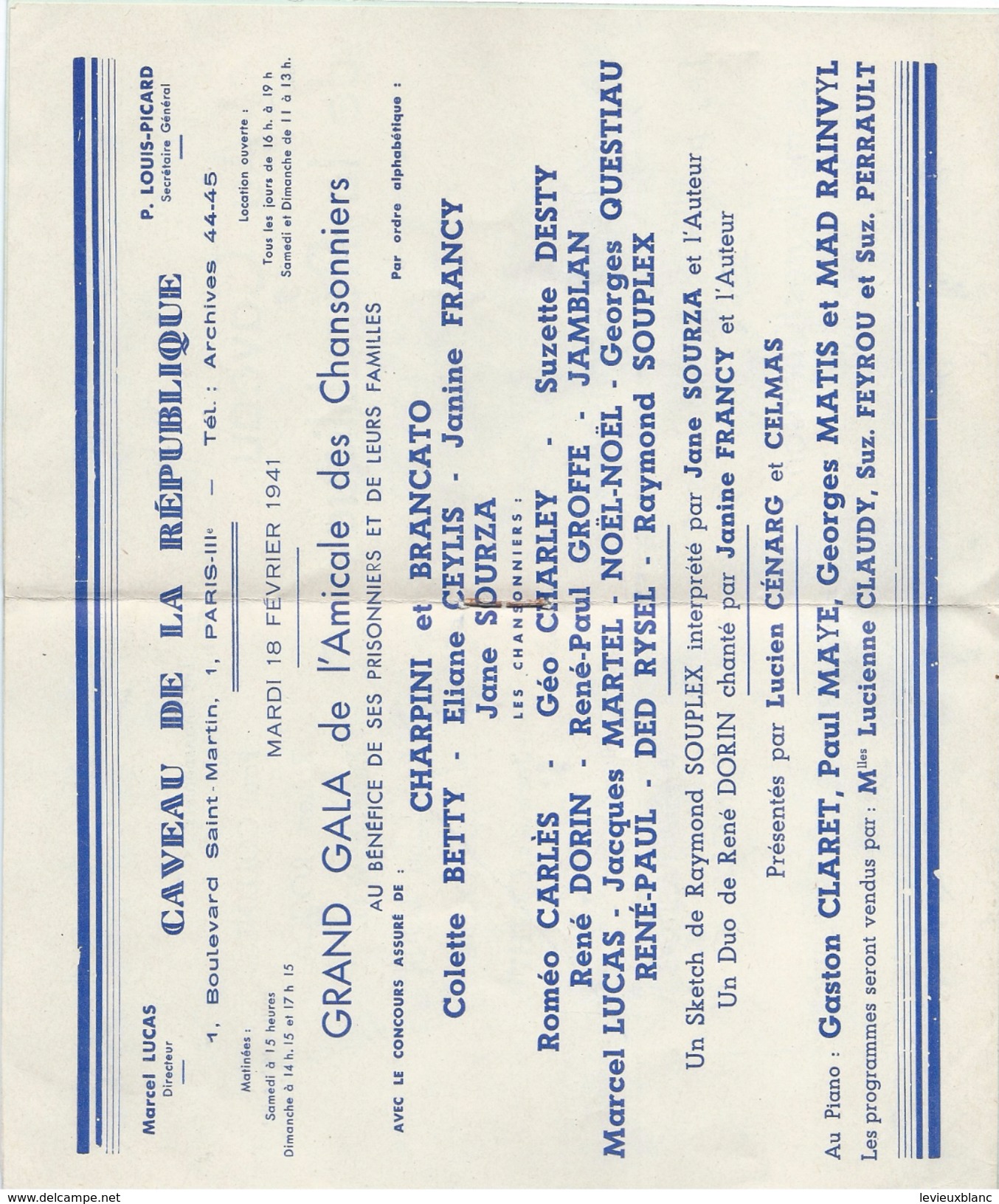 Programme/Caveau De La République/Association Amicale Des Chansonniers De Cabaret/Grand Gala/Prisonniers /1941   PROG114 - Programmes