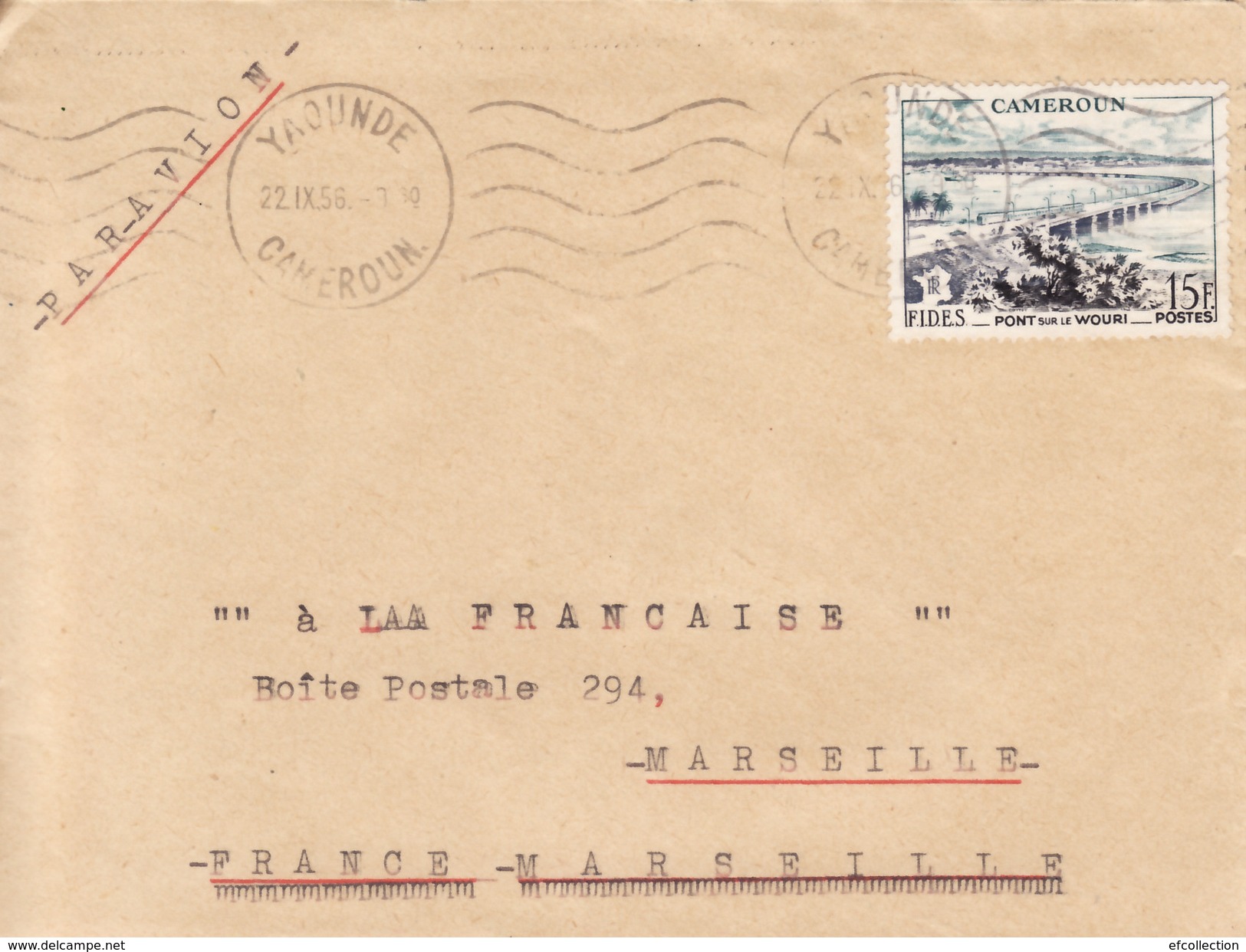 YAOUNDE CAMEROUN 1956 AFRIQUE ANCIENNE COLONIE FRANÇAISE LETTRE POUR LA FRANCE A MARSEILLE TIMBRE 15F PONT SUR LE WOURI - Lettres & Documents