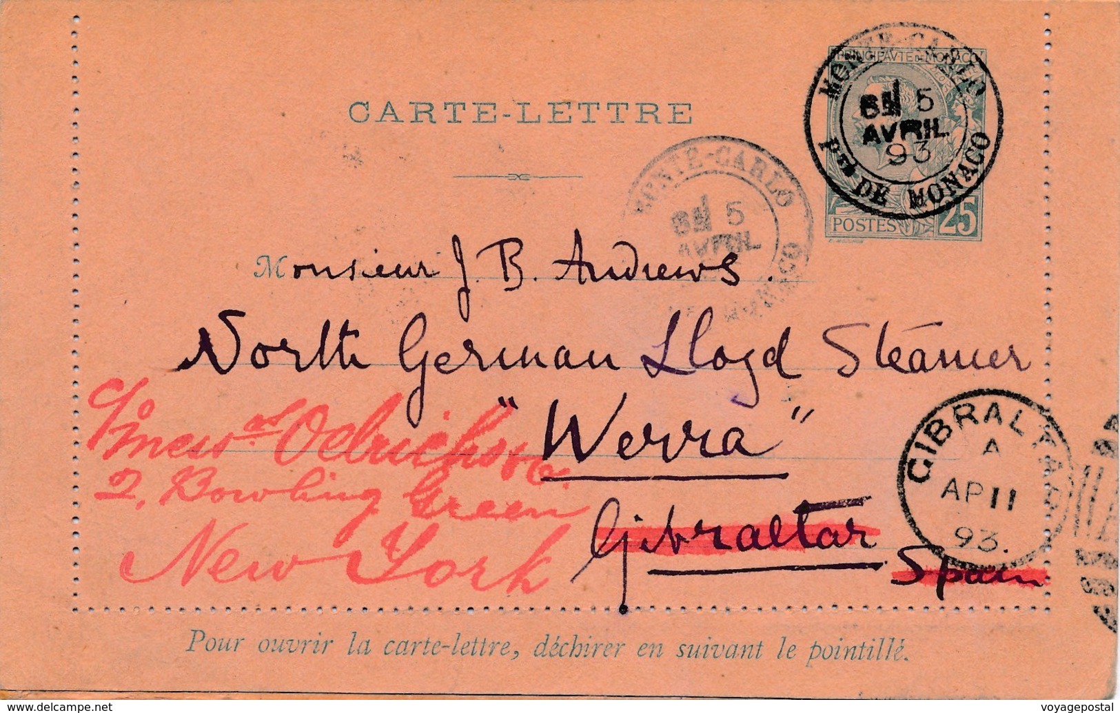 Entier Monte Carlo Pour Gibraltar Puis New-York - Postal Stationery