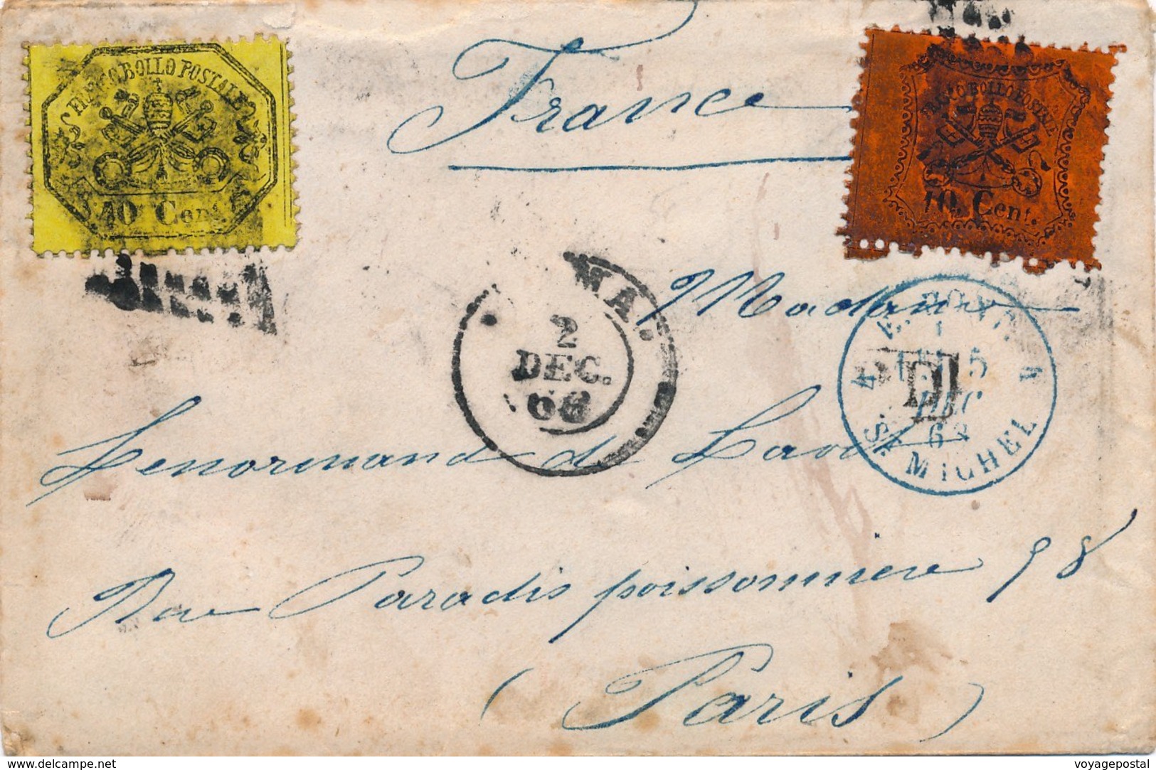 Lettre Roma Pour Paris, Cachet D'entrée E.PONT ST Michel - Etats Pontificaux