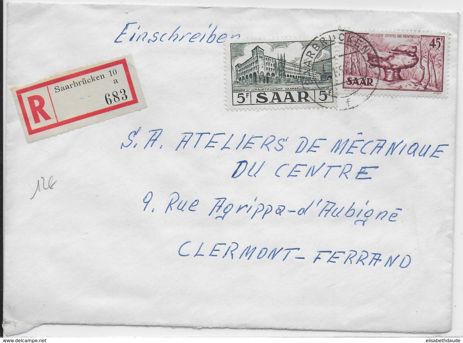 SAAR / SARRE - 1956 - ENVELOPPE RECOMMANDEE De SAARBRÜCKEN => CLERMONT-FERRAND - Lettres & Documents