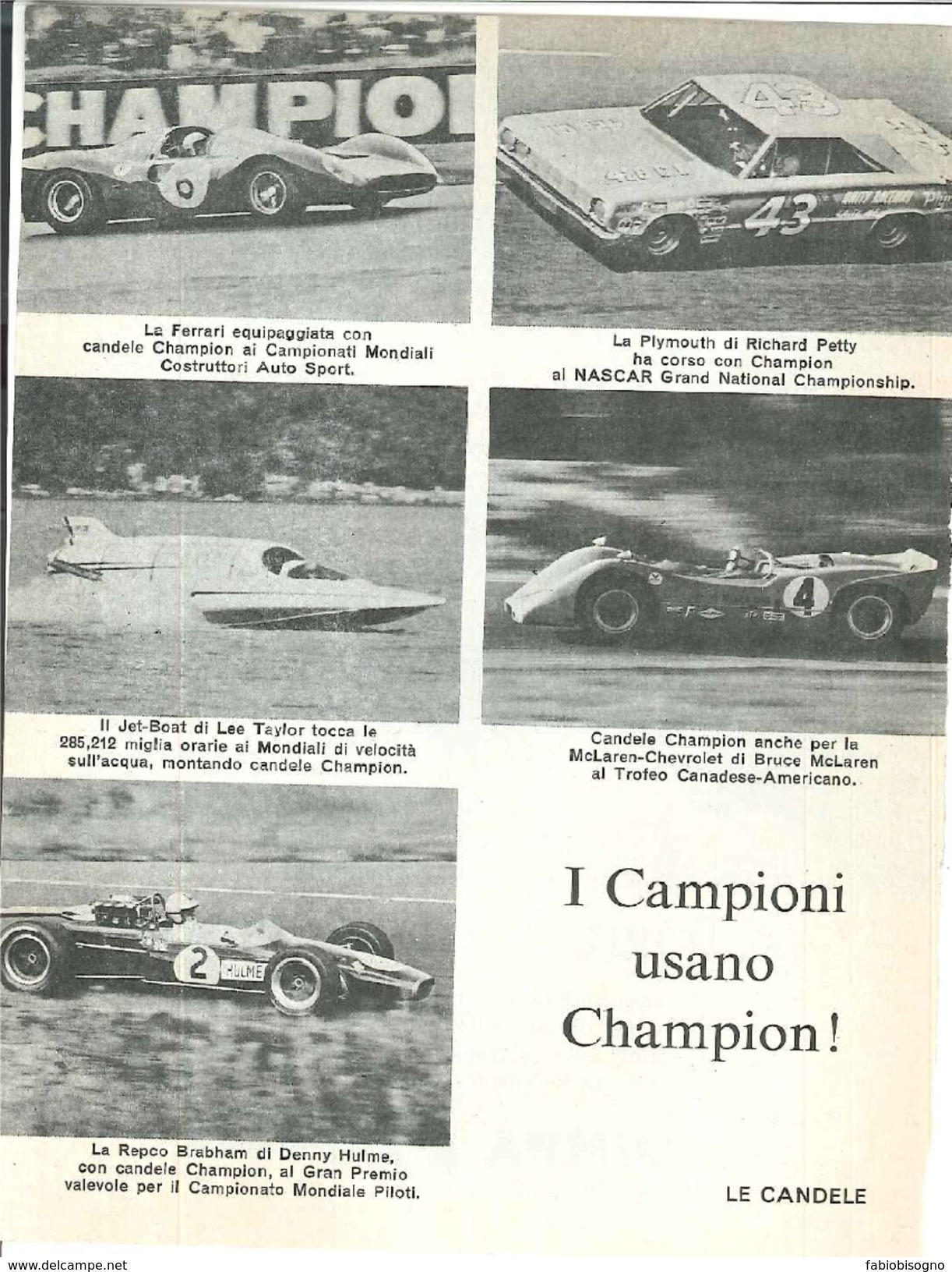 1968 - Ferrari - McLaren Chevrolet - Repco Brabham - Candele CHAMPION - 1 P. Pubblicità Cm. 13 X 18 - Automobilismo - F1