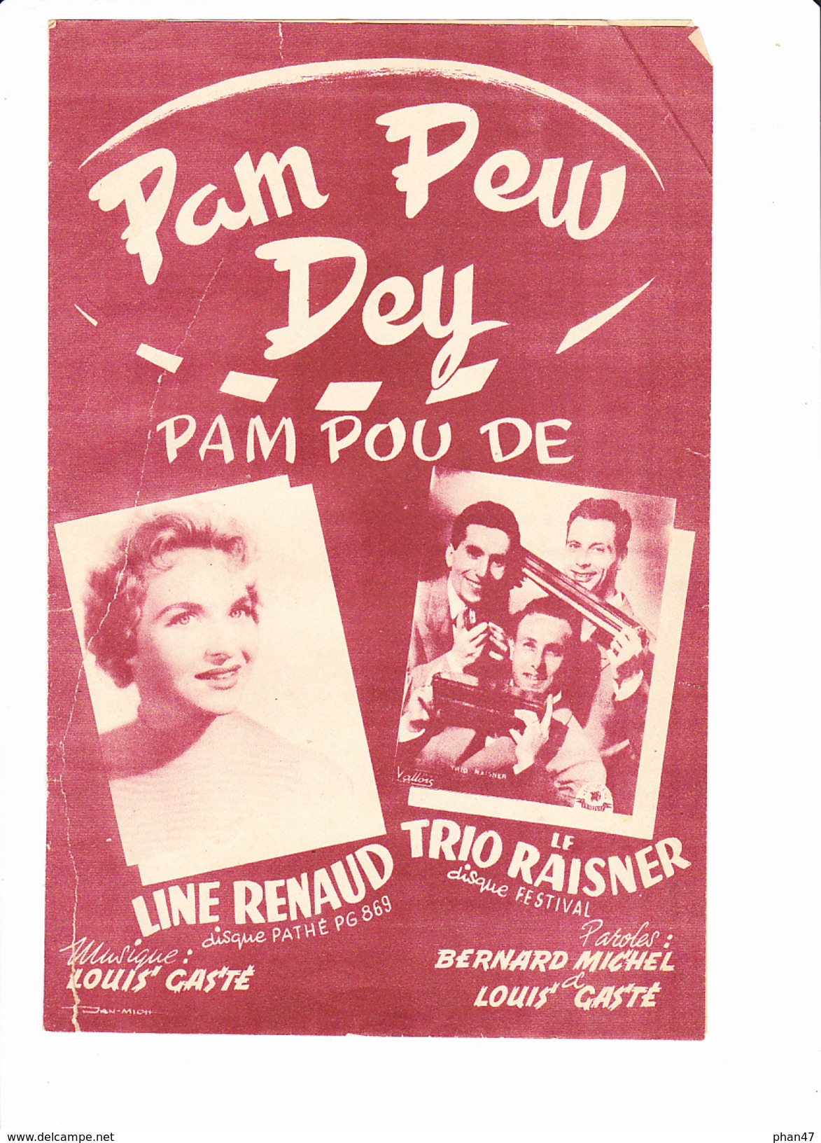 Partition "Pam Pew Dey (Pam Poum De)" Avec Paroles. Line RENAUD, Le TRIO RAISNER, Louis CASTE, Bernard MICHEL, - Andere & Zonder Classificatie