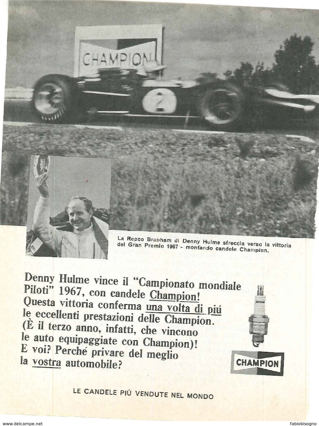 1968 - DENNY HULME Repco Brabham  Candele CHAMPION - 1 Pag. Pubblicità Cm. 13 X 18 - Automobilismo - F1