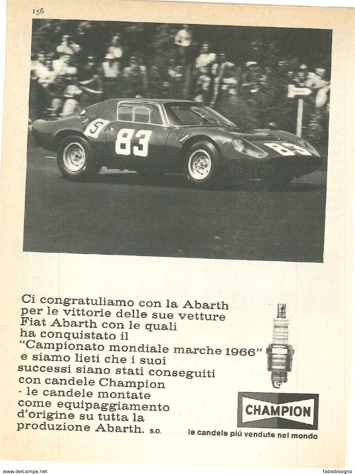 1966 - ABARTH - Campionato Mondiale Marche 1966 - Candele CHAMPION - 1 P. Pubblicità Cm. 13 X 18 - Automovilismo - F1